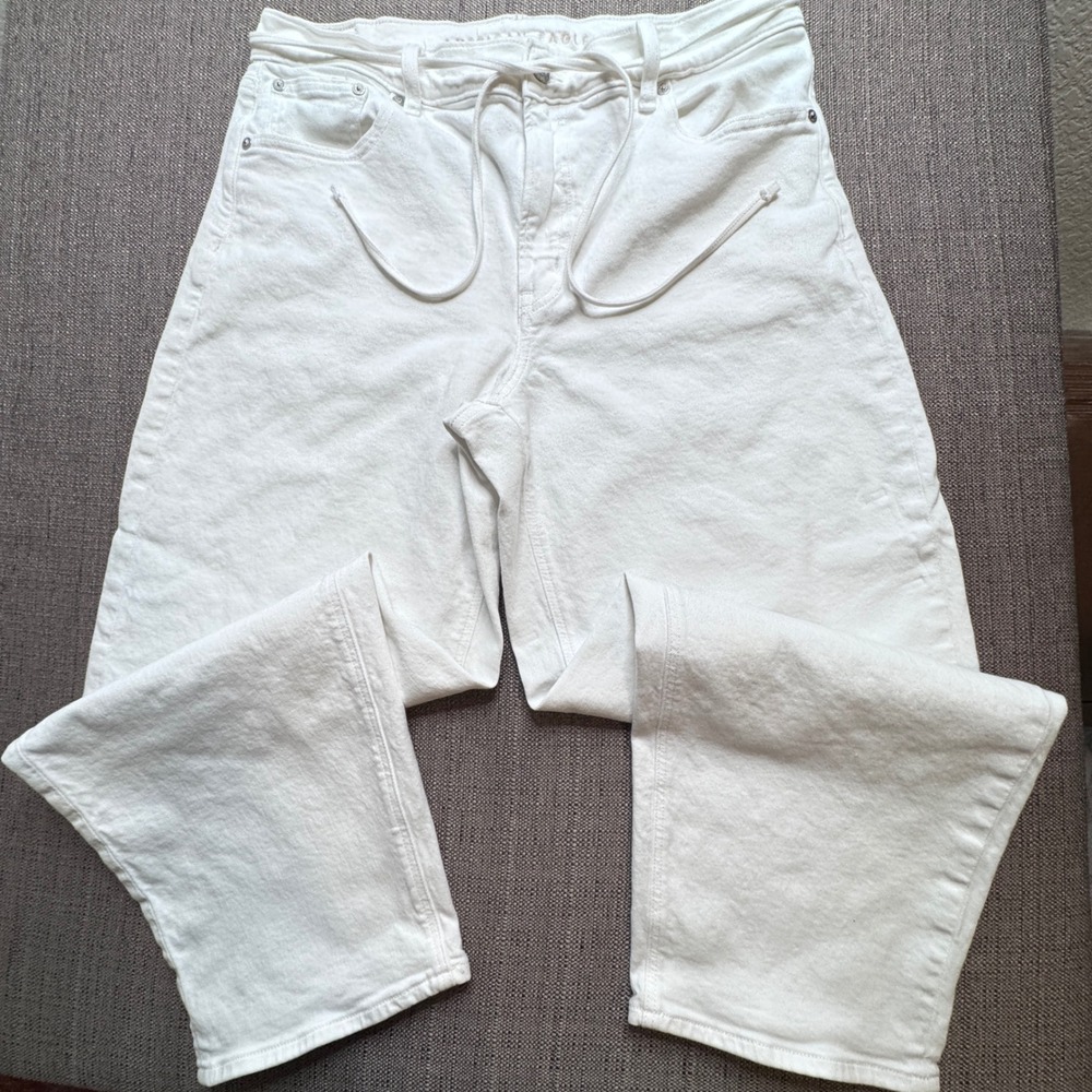 American Eagle Barrel Jeans Womens 12 White Stretch High Rise Drawstring Denim